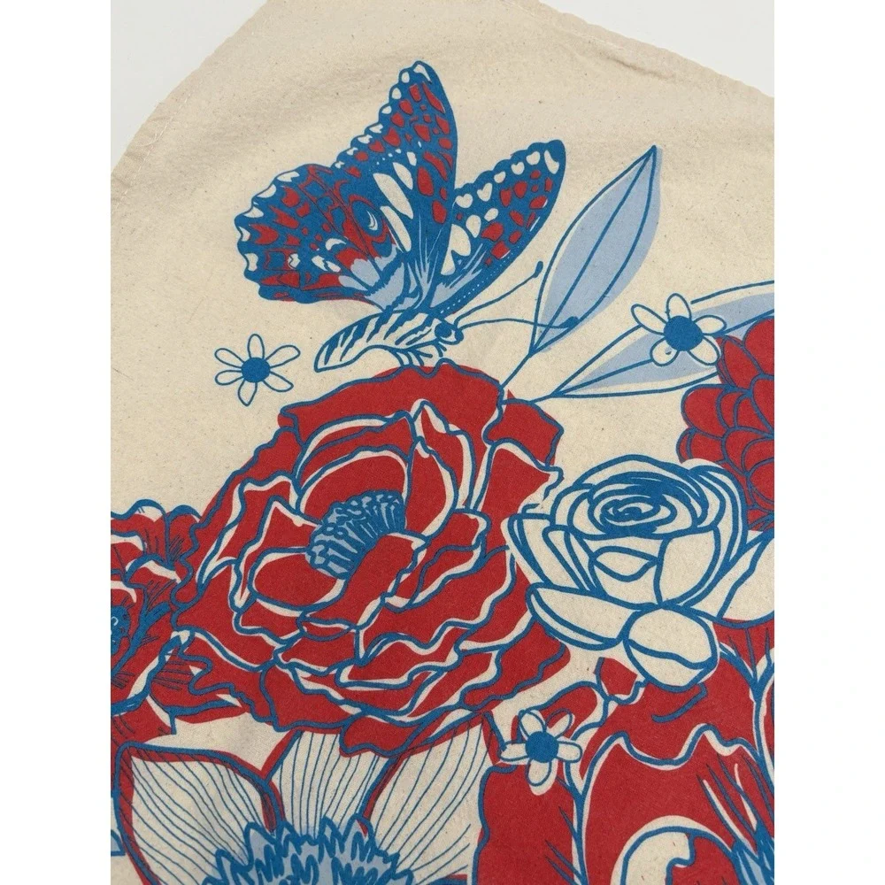 Calhoun & Co Floral Tea Towel Red Blue Butterfly Anthropologie Cottagecore 27x26